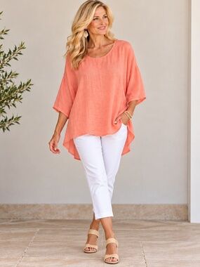 100% Linen Coral Peach Layered Tunic Top Size S USA